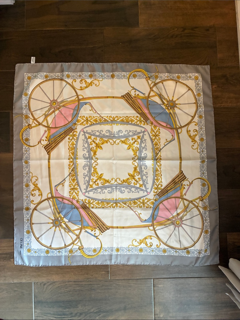 CELINE Luxury Decorative Silk Scarf in Gray, Gold, Pink & Blue